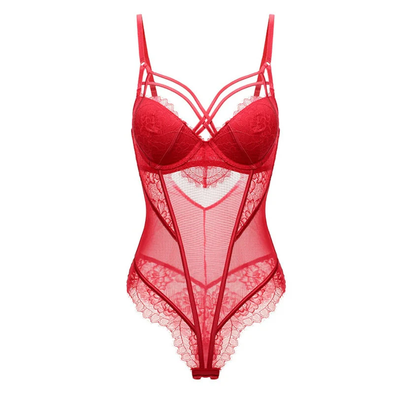 Bodysuit Women Push Up Red Strappy Cup Eyelash Lace Floral Pattern Padded Underwire Lingerie Women Shapewear High Quality - Image 2